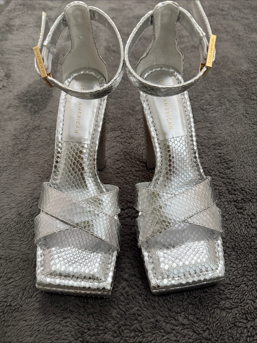 Good American Snake Embossed Silver Heel